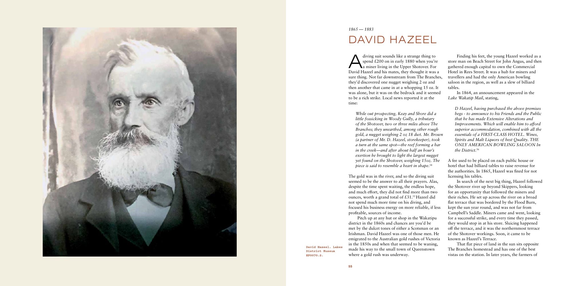 The opening spread of the David Hazeel chapter in The Branches. The left page, on a cream ground, holds a large sepia portrait of David Hazeel, an elderly man with a full white beard, dark suit and bow tie. The right page carries the dates 1865 to 1883, the chapter title David Hazeel in rust-coloured capitals, and two columns of text that include two italic quotations from nineteenth-century newspapers.